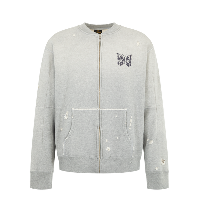 Image 1 of 2 - GREY - Needles Men's Deconstructed Zipped Sweat is crafted from cotton and features a full-zip silhouette inspired by the authentic wear and fading of vintage sweatshirts. Designed with darts that create a three-dimensional shape, this elevated essential is finished with contrasting side rib panels, four-needle flatlock stitching, and the brand's signature papillon print. Main Material: 100% Cotton. Made in Japan. 