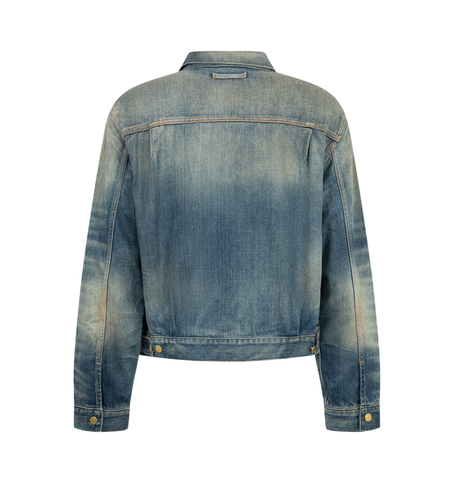 Image 2 of 3 - BLUE - Acne Studios Men's Scraped Denim Jacket is crafted from lightweight indigo broken-twill denim and features a regular-fit, boxy silhouette with a hip-length cut. Designed with contrasting whiskering and scraping for a worn-in appearance, the jacket is finished with chest and welt pockets and branded button closures that enhance its utilitarian character. Main Material: 82% Cotton, 18% Lyocell. 