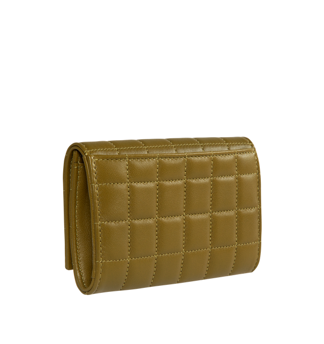 Image 2 of 3 - GREEN - SAINT LAURENT Envelope Small Wallet featuring quilted overstitching, leather lining, snap button closure, external back pocket, four card slots and one main compartment. 5.1 X 3.7 X 0.7 inches. 70% lambskin, 30% metal.  