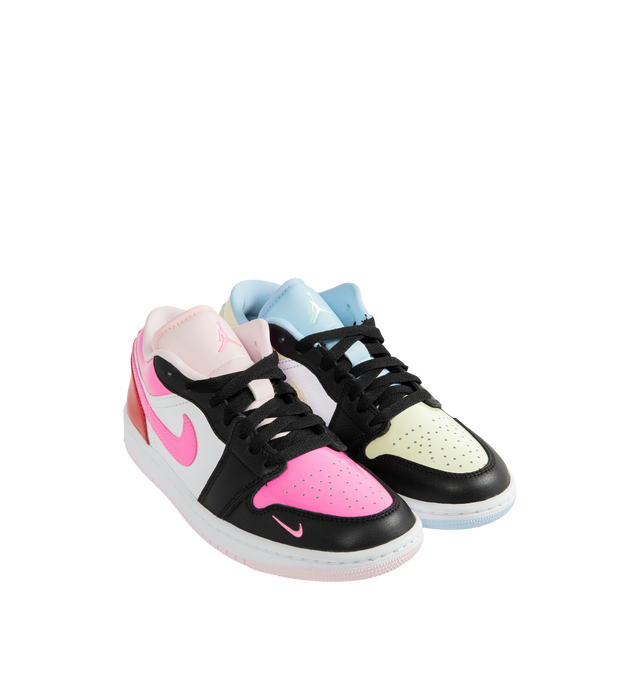 Image 2 of 5 - PINK - Air Jordan 1 Low SE Sneakers are crafted from leather and feature glossy patent accents with a playful mismatched color-block design that gives each shoe a unique look. Designed with a low-top silhouette, they are finished with Nike Swoosh branding, an embroidered Mini Swoosh at the lateral toe, Air Jordan Wings embroidery at the heels, perforated toe boxes, and durable rubber outsoles. Main Material: Leather. Sole: Rubber. Color: Multicolor. Made in womens sizing. 