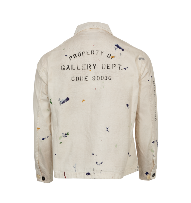 Image 2 of 3 - WHITE - GALLERY DEPT. EP JACKET is made from thick ripstop cotton fabric and has a stamp logo screen printed on top of the final silhouette, as well as unique hand-painted splatter detailing. 100% cotton. 