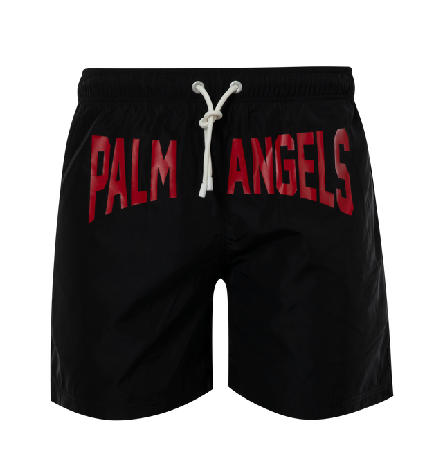 BLACK - PALM ANGELS PA City Swimshorts featuring elastic and drawstring waistband, back pocket with flap and logo printed on front. 100% polyester.