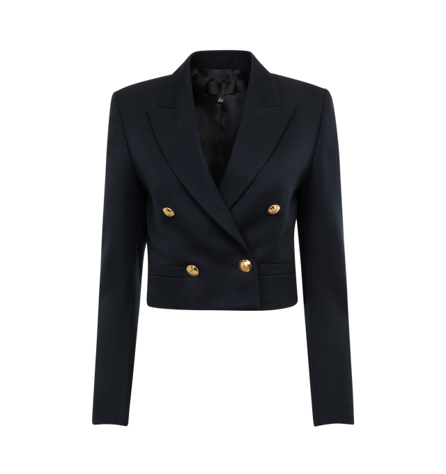 NAVY - NILI LOTAN Beauregard Cropped Blazer featuring tailored slim fit, cropped, soft structured shoulder pads, signature crest buttons in gold and non-functional slash front pockets. 100% virgin wool.