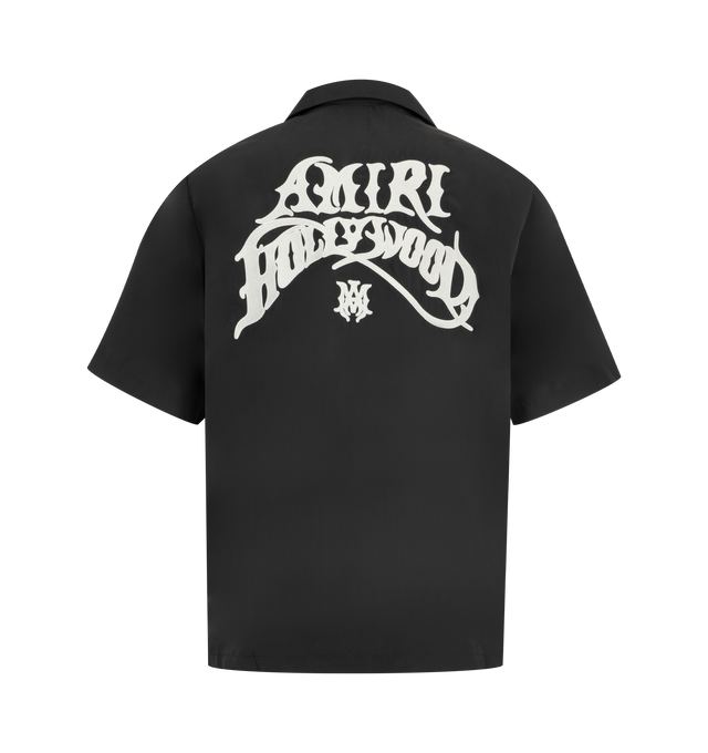 Image 2 of 2 - BLACK - Amiri Mens Hollywood Camp Shirt is crafted from a modal and polyester blend. Features a camp collar, button-front closure, short sleeves, and AMIRI Hollywood logo embroidery at the front and back. Main Material: 60% Modal, 40% Polyester. Made in Turkey. 