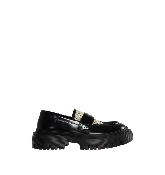 Image 1 of 4 - BLACK - AMIRI Jumbo Mixed Media Penny Loafer featuring superchunky lug sole with ridged texture, textured knit vamp and monogram-logo 'coin' in the keeper strap. Leather and textile upper/textile lining/rubber sole. Made in Italy. 