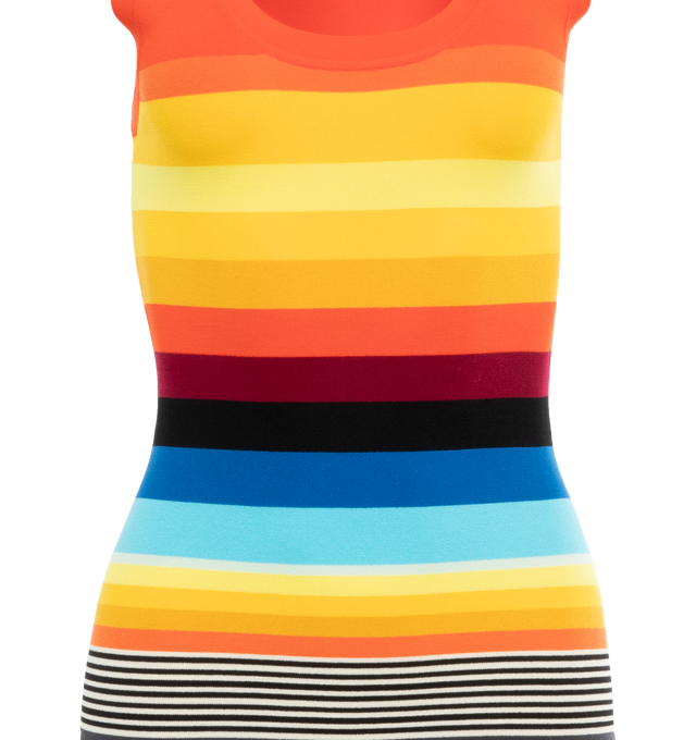 Image 3 of 3 - MULTI - CHRISTOPHER JOHN ROGERS Striped Tank Dress featuring stretch-design, fine knit, horizontal stripe pattern, scoop neck, sleeveless, fitted waistline, pencil silhouette, straight hem and ankle-length. 83% viscose, 17% elastane. 
