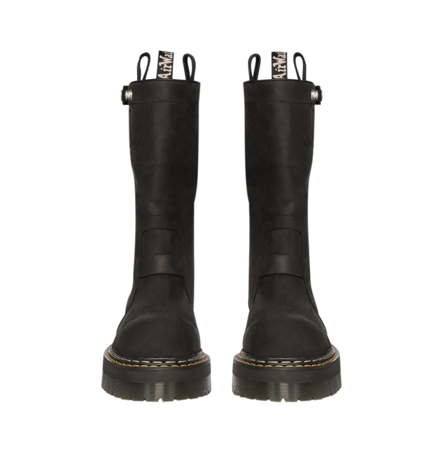 Image 4 of 7 - BLACK - Dr. Martens x Rick Owens FW26 Quad Sole Pull On Boot in Nubuck Leather. These Men's Dr. Martens boots are reimagined by Rick Owens and are mid-calf height with a steel toe cap and palladium-finish hardware, including snaps and a side zipper. They feature a topstitched seam arcing over the front foot, a stitched heel counter, two side pull tabs, and a woven Dr. Martens AirWair heel loop in black and pearl. The boots are finished with a Quad sole and a yellow and pearl welt stitch. This 