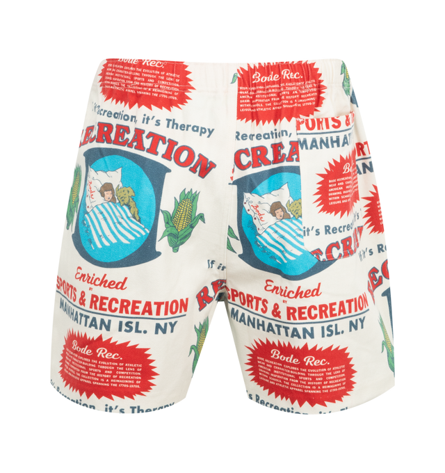 Image 2 of 3 - WHITE - Bode Enrichment Shorts have an elastic waist, a vintage sports and recreation motif, side pockets, and a back patch pocket.  