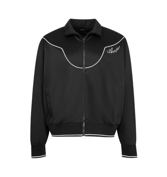 Image 1 of 3 - BLACK - Amiri Men's Western Track Jacket is crafted from polyester and features a sporty track-inspired silhouette elevated with intricate Western-style embroidery across the front and back. Main Material: Polyester. Details: Western-Style Embroidery at Front and Back. 