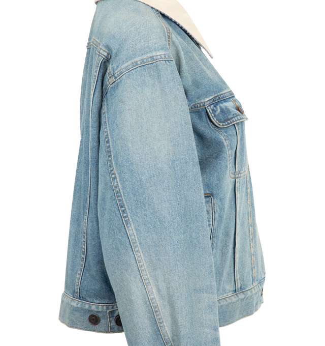 Image 3 of 3 - BLUE - THE ROW Joras Cotton Denim Jacket featuring two buttoned patch pockets at chest, dropped shoulders, buttoned cuffs, a back yoke, tack buttons closure at front, slightly cropped, corduroy contrasting spread collar, lined in soft cotton with a tartan pattern and relaxed fit. 100% cotton. Made in Japan. 
