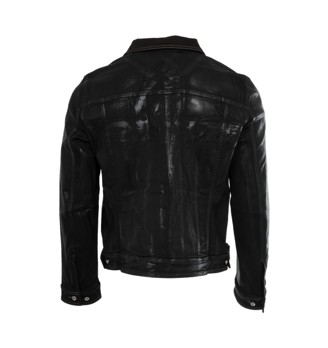 Image 2 of 3 - BLACK - DARK SHADOW Denim Trucker Jacket featuring wax coated, bonded seams, strap detailing, spread collar, front button fastening, long sleeves, two button-fastening, chest pockets and straight hem. 91% cotton, 6% polyester, 3% elastane. Lining: 100% cotton. 