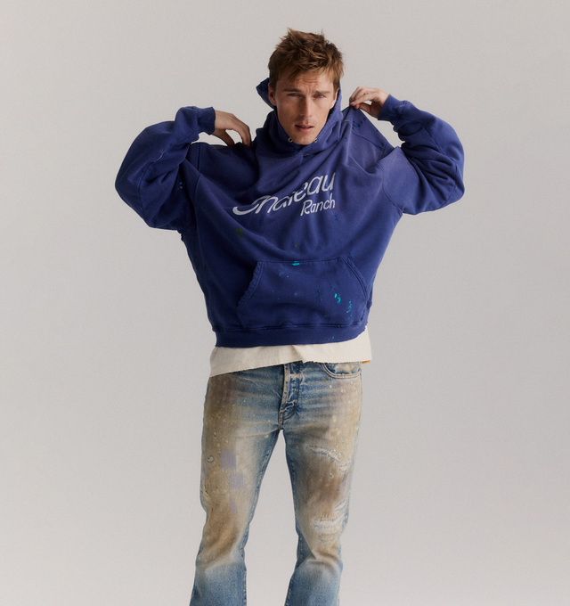 Image 2 of 5 - BLUE - GALLERY DEPT. Greased 646 Jean featuring 646 silhouette with a mid-rise fit, 5-pocket design, flared leg and GD custom hardware. 100% cotton. Made in USA. 