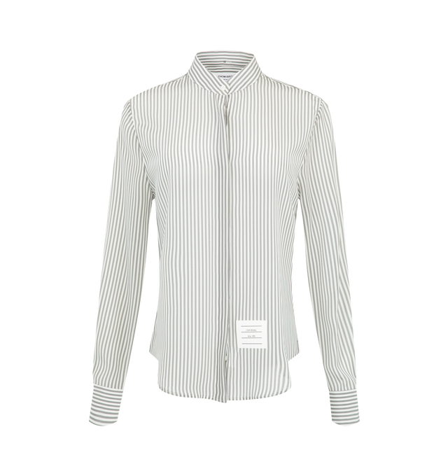 Image 2 of 3 - GREY - Thom Browne Womens Silk Shirt is crafted from fluid silk crpe de chine. Features a hidden button-front closure, band collar, detachable neck tie, buttoned cuffs, pleated back yoke with locker loop, curved hem, name tag appliqu, and signature striped grosgrain loop tab. Main Material: 100% Silk. Made in Italy. 