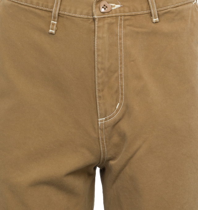Image 4 of 4 - BROWN - HUMAN MADE Baggy Shorts featuring relaxed fit, 2 side pockets, patch back pockets, button zip closure, contrast seams and woven brand patch. 