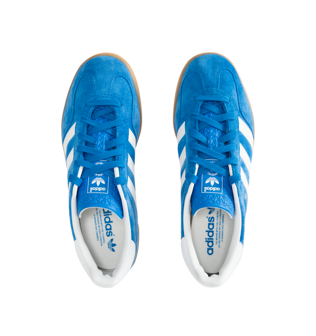 Image 5 of 5 - BLUE - Adidas Gazelle Indoor Sneakers are a lace-up style with suede uppers and gum outsoles. Textile linings. Unisex style in men's sizes. 