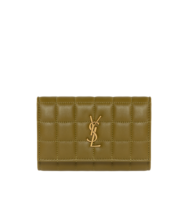 Image 1 of 3 - GREEN - SAINT LAURENT Envelope Small Wallet featuring quilted overstitching, leather lining, snap button closure, external back pocket, four card slots and one main compartment. 5.1 X 3.7 X 0.7 inches. 70% lambskin, 30% metal. 