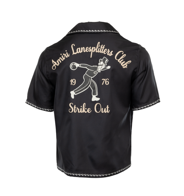Image 2 of 4 - BLACK - AMIRI Lanesplitters Bowling Shirt featuring cuban collar, short sleeves, button front, logo embroidered on front and graphic logo on back. 100% silk. Made in Italy. 