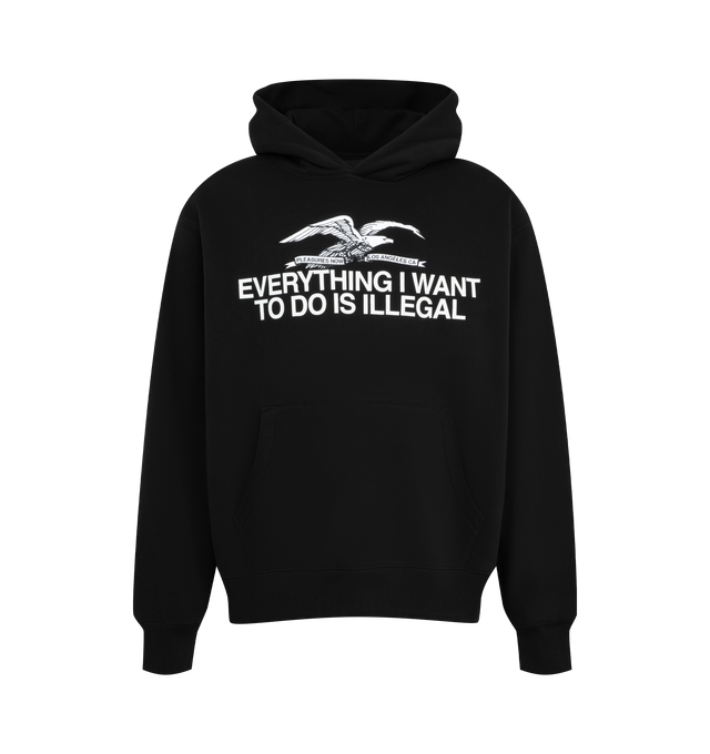 Image 1 of 2 - BLACK - Pleasures Mens Pullover Hoodie is crafted from heavyweight fleece. Features mixed embroidered and printed artwork, ribbed cuffs and hem, and a relaxed fit. Main Material: 73% Cotton, 27% Polyester. Made In China. 