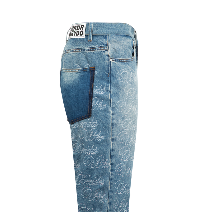 Image 3 of 3 - BLUE - WHO DECIDES WAR Maratre Denim featuring a slim straight fit, 4 pocket style, embellished with signature who decides war embroidery DTG and a permanent crease. 100% cotton. 