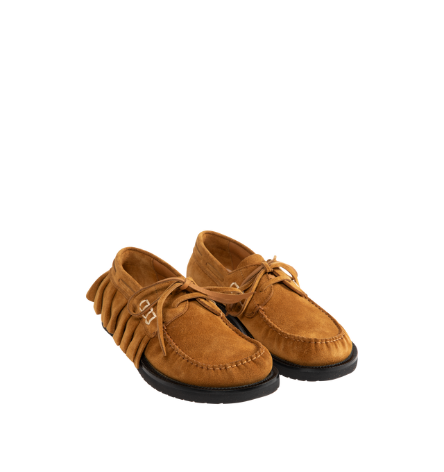 Image 2 of 4 - BROWN - JW Anderson Women's Ruffle Suede Boat Shoes. Crafted in Italy, this shoe features layered goat suede leather ruffles, finished with a blind-embossed JWA logo and refined with improved fitting for comfort. 100% Split Cow Suede.  
