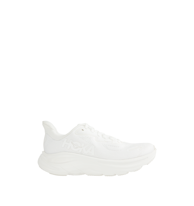 Image 1 of 5 - WHITE - HOKA Clifton 10 Sneaker featuring jacquard knit, reflective upper details, smooth MetaRocker, rearfoot-focused Active Foot Frame, CMEVA midsole, molded EVA sockliner and inherently durable abrasion rubber. 