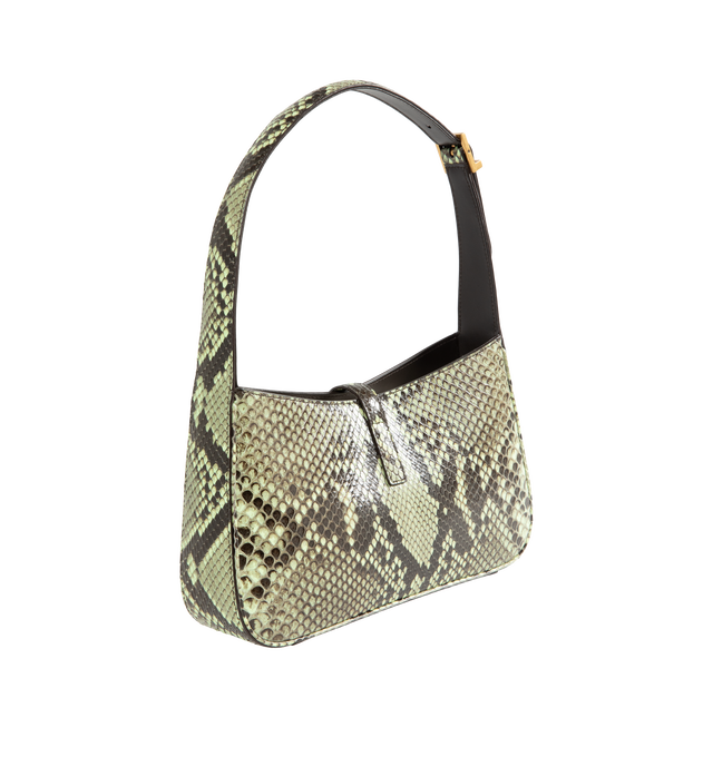 Image 2 of 3 - GREEN - Saint Laurent Le 5  7 leather shoulder bag featuring gold hardware, the 'Cassandre' logo detail, and suede lining. Compact and spacious, it features an interior zipped pocket and adjustable shoulder strap. Dimensions: 9 x 6.2 x 2.5 inches with 7.8 inch strap drop. Fits a large phone, card case, keys and other small essentials. Material: leather. Made in Italy. 