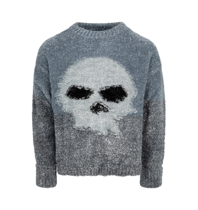 Image 1 of 2 - GREY - ERL Skull Sweater featuring knit nylon and polyester-blend, metallic thread detailing throughout, rib knit crewneck, hem, and cuffs, intarsia graphic at front, dropped shoulders and extended cuffs. 58% polyamide, 42% metallised polyester. Made in Italy. 