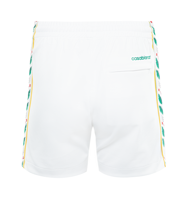 Image 2 of 3 - WHITE - CASABLANCA  Seasonal Laurel Track Shorts featuring 2 side pockets, back pocket, drawstring fastening and regular fit. 53% polyester, 47% cotton. 