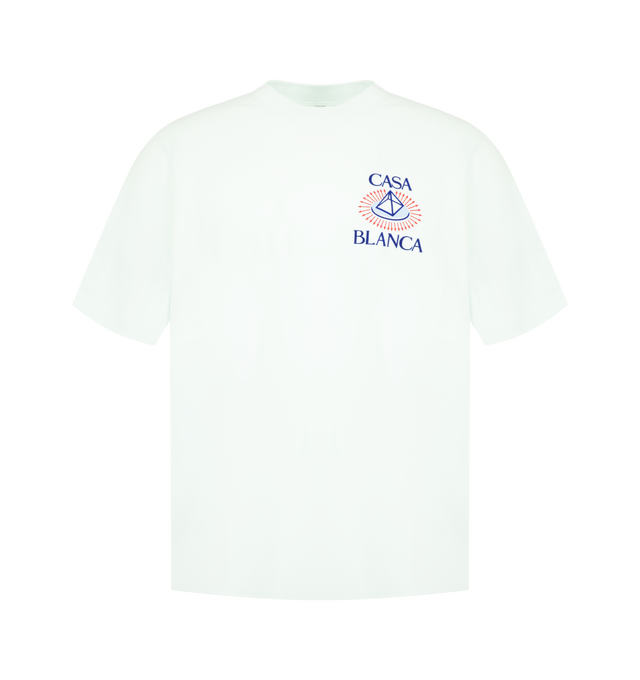 Image 1 of 2 - BLUE - Casablanca Men's Celestial Pyramid Flock Printed Classic T-Shirt is crafted from premium organic cotton and features a relaxed silhouette with a classic crew neckline and seasonal Celestial Pyramid flock-printed artwork for a soft, textured finish. This designer graphic T-shirt combines exceptional everyday comfort with Casablanca's signature luxury sportswear aesthetic, creating a refined statement piece inspired by the house's iconic pyramid motif. Main Material: 100% Organic Cotton. 