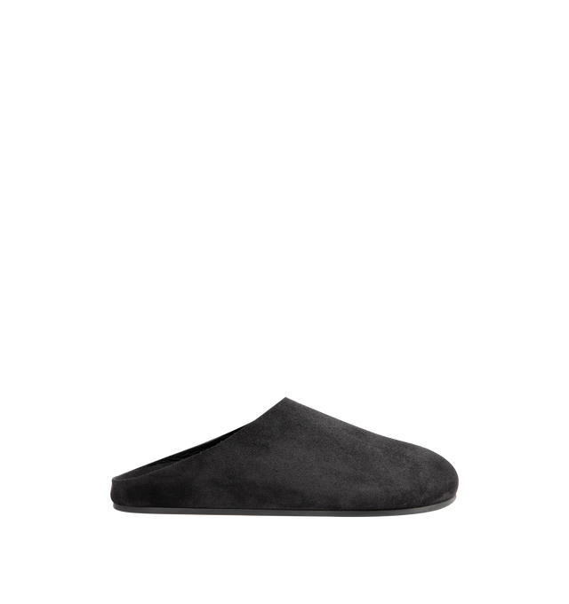 Image 1 of 4 - BLACK - The Row Women's Hudson Slide in Suede featuring relaxed slip-on shoe in natural suede with round toe, contoured footbed, and rubber sole. 100% calfskin leather. Rubber sole. Made in Italy. 