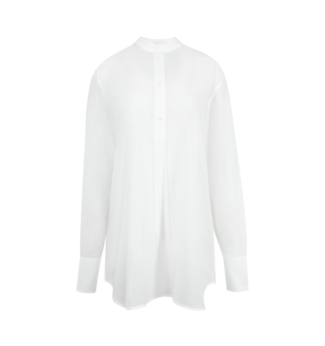 Image 1 of 2 - WHITE - TOTEME Stand Collar Shirt featuring buttoned half placket, tassels and buttoned cuffs. 100% cotton organic. Made in Turkey. 