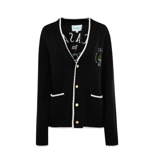 BLACK - CASABLANCA Embroidered Merino Wool and Cashmere-Blend Cardigan featuring front button fastenings, contrast edges and embroidered logo and graphic on front and back. 90% merino wool, 10% cashmere.