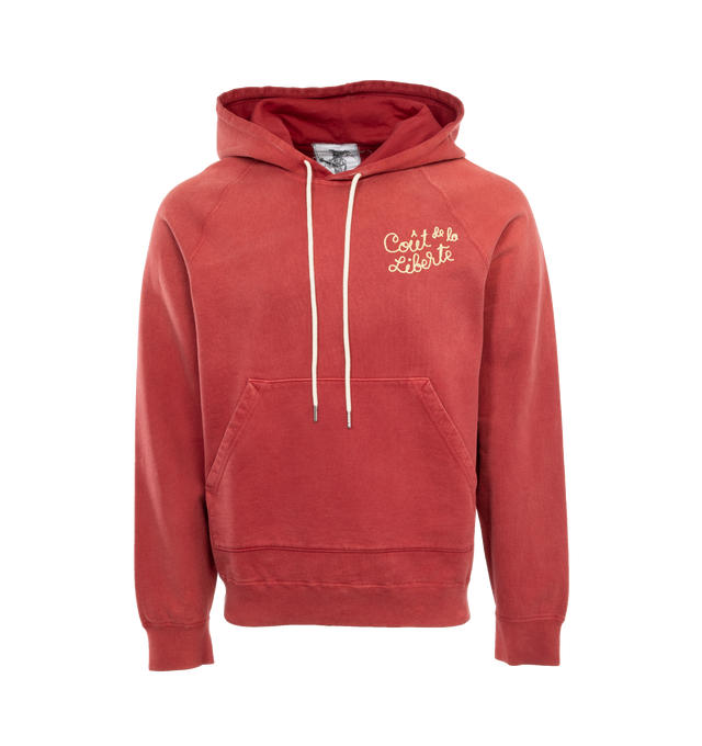 Image 1 of 4 - RED - COUT DE LA LIBERTE Diddy French Terry Hoodie featuring logo on chest and back, pouch pocket, long sleeve, banded cuffs and hem, hood and pullover style. 100% cotton. 
