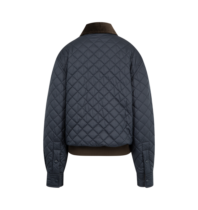 Image 2 of 3 - NAVY - LOEWE Short Jacket in lightweight technical fabric featuring allover diamond quilting, regular fit, short length, corduroy collar and inside cuff, zip front fastening and snap button cuffs, vertical welt pockets, inside welt pocket, contrast rib knit hem and anagram embossed leather patch pocket placed on the chest. Polyester. Made in Italy. 