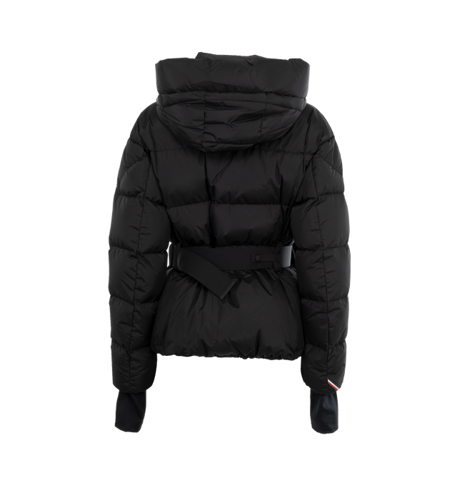 Image 2 of 2 - BLACK - Moncler Bouquetin Jacket has a stand collar with a fixed hood, contrast thumb holes, 2-way zip front closure, an inset snap bib and powder skirt for added protection, several zip pockets, and a functional and removable belt with a logo print.  87% polyamide, 13% elastane. Fill: 90% down, 10% feather. Made in Romania. 