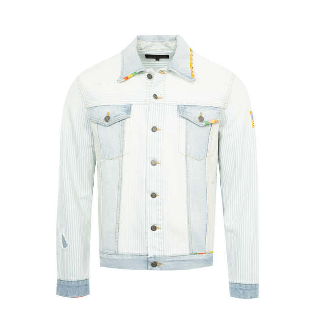 Image 1 of 2 - BLUE - COUT DE LA LIBERTE Johnny Pinstripe Twill Trucker Jacket featuring collar, long sleeves, chest button-through flap pockets, side slip pockets, button-front closure and patchwork throughout. 100% cotton. Made in USA. 