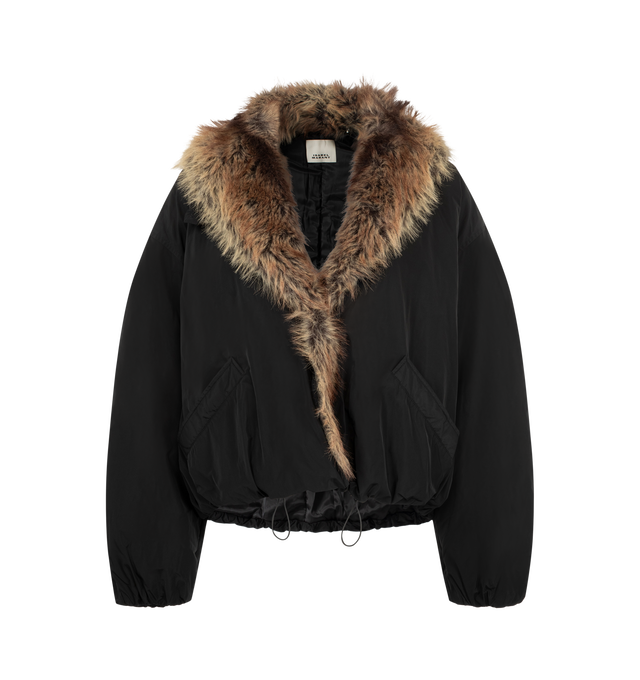 Image 1 of 3 - BLACK - Isabel Marant Women's Charone Jacket is crafted from quilted technical fabric and features a relaxed-fit silhouette with dropped shoulders, a faux fur shawl collar, and a front button closure. Designed with long sleeves, elasticized cuffs, slanted side pockets, and an elasticized hem. Main Material: 100% Polyester; Faux Fur.  