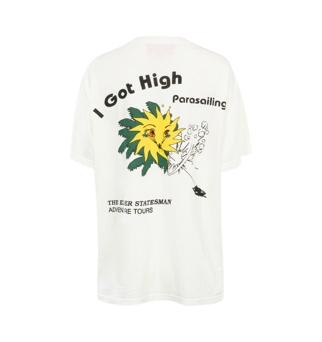 Image 2 of 2 - WHITE - The Elder Statesman Adventure Tours Tee carfted from cotton / linen blend with a sift hand-feel. Features a relaxed fit and multi-colored "I Got High Parasailing" screen print. Made in Los Angeles. 70% COTTON 30% LINEN. 