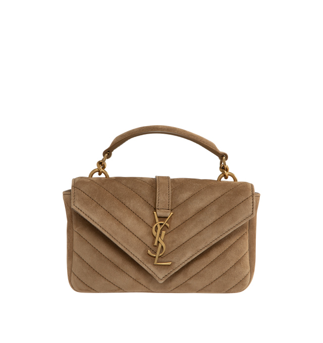 Image 1 of 3 - BROWN - SAINT LAURENT Mini College Chain Bag in Suede decorated with the CASSANDRE and chevron-quilted topstitching. Features a top handle and detachable leather-and-chain strap that can be worn two ways, magnetic snap closure, and one flat pocket. Measures 7.9" x 5.1" x 1.2" with 19.7" strap drop. Calfskin suede with cotton lining, bronze-toned hardware. Made in Italy. 