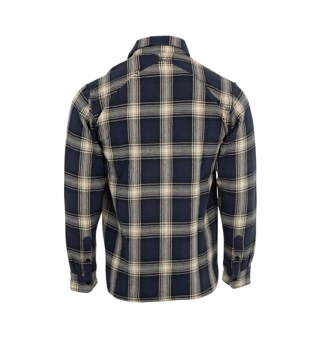 Image 2 of 3 - BLUE - 3Sixteen Crosscut Flannel Shirt features a button front closure, a lightly textured feel, chest pockets with button flap closures, and button cuffs. 100% cotton flannel. Made in India.  