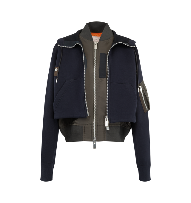 Image 4 of 4 - NAVY - Sacai sponge sweat hoodie with signature layered construction, double collar, zip-front closure, drawstring hood and rib-knit stand collar. Outer material is 62% cotton / 38% polyester with 100% nylon twill panels and 100% polyester lining and filling. 