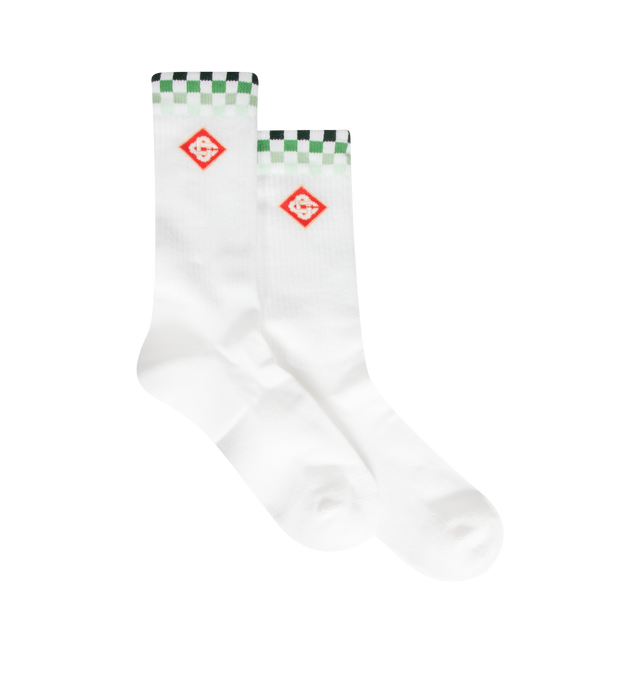 Image 1 of 2 - WHITE - The Casablanca Men's Green Checkers Crew Socks are a sports-inspired design crafted from a recycled cotton-blend fabric, featuring the house's Green Checkers artwork. Completed with ribbed legs and cuffs for added comfort and structure. Composition: 87% recycled cotton 12% polyamide 1% elastane 