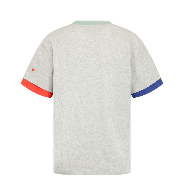 Image 2 of 2 - GREY - Mira Mikati Women's Riddle Embroidered Layered Jersey Tee is crafted from organic cotton and features an oversized silhouette in a custom grey marl melange jersey. Designed with contrast sleeves and a neckline that create the appearance of effortless layering, this playful everyday style is finished with all-over riddle-inspired embroidery inspired by what lies at the end of a rainbow. Main Material: 100% Organic Cotton. 