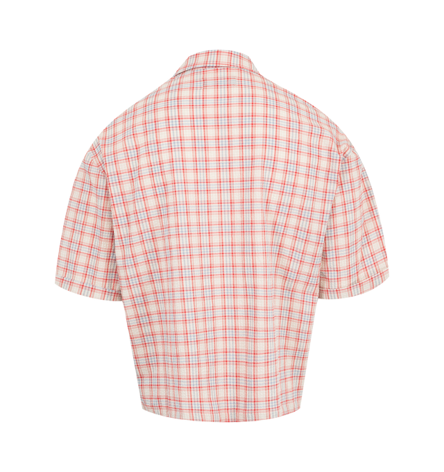 Image 2 of 2 - RED - NAHMIAS Plaid Summerlandum Cropped Shirt featuring Summerlandum motif embroidered on front pocket, collar, short sleeves, boxy fit and Nahmias button closure. 100% cotton. Made in Los Angeles. 