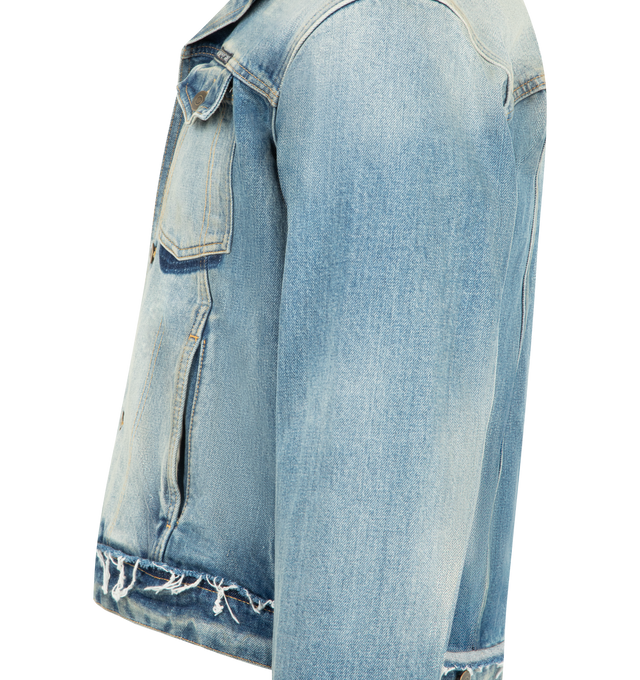 Image 3 of 3 - BLUE - MAISON MARGIELA Denim Caban Jacket featuring creases, shading, and softened edges, utilitarian silhouette, patch pockets, button fastening, signature four stitches on the back, gauge 14 oz origin denim, frayed hem detail, long sleeves and shirt collar 100% cotton. Made in Italy. 