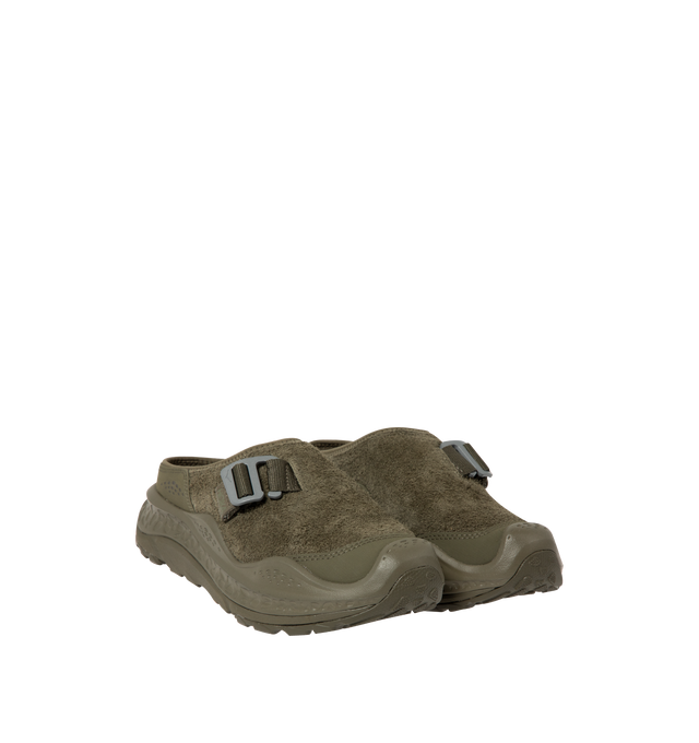 Image 2 of 5 - GREEN - HOKA Ora Primo EXT Shoe featuring a suede upper, G-hook closure that cinches down reflective webbing, scratch rubber toe and heel details, metal hardware, neoprene collar lining and dual-layer EVA midsole. Imported from Vietnam. 