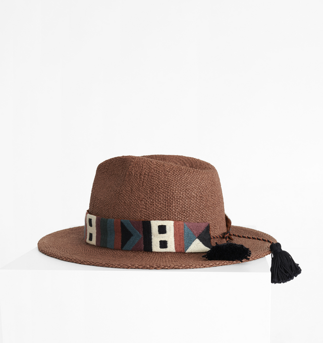 Image 2 of 2 - BROWN - ERES Ignacio Hat is a paper straw hat featuring a Tulum style removable band. 100% Fiber Paper. Made in Italy.  
