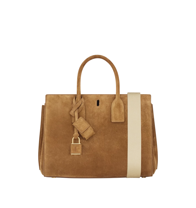 Image 3 of 6 - BROWN - SAINT LAURENT Sac De Jour Suede Bag featuring signature padlock, an east/west format, structured bag, top handles, interchangeable straps for multiple carry options, viscose and polyester lining, bronze-tone hardware, toggle hook closure, expandable accordion sides, one zip pouch and interchangeable suede strap and canvas strap. 9.8" x 7.5" x 5.9". Calfskin. Made in Italy. 