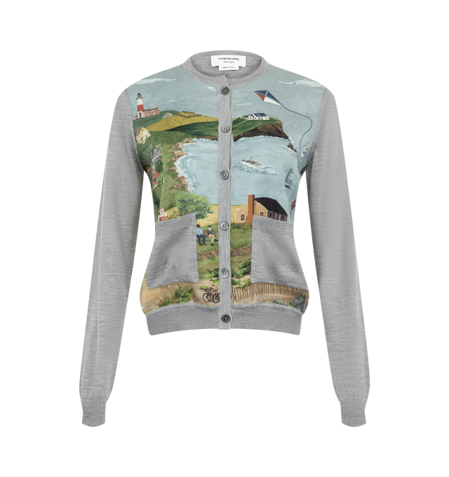 Image 1 of 2 - MULTI - Thom Browne Womens Cardigan is crafted from a cashmere blend knit with printed silk front panels. Features a button-front closure, ribbed neckline, placket, cuffs, and hem, patch hand pockets with ribbed trim, scenic print silk panels, and signature striped grosgrain loop tab. Main Material: 70% Cashmere, 28% Silk, 2% Polyamide; Combo: 100% Silk. Made in Italy. 