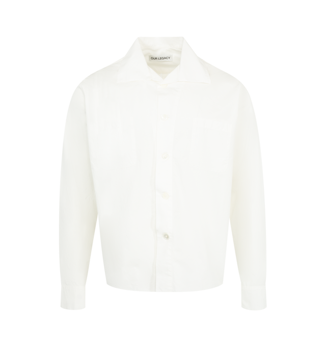 Image 1 of 2 - WHITE - OUR LEGACY Funnel Shirt featuring Italian cotton poplin, relaxed, boxy fit, mother of pearl buttons, a wide placket, two chest patch pockets and a folded funnel collar. 100% cotton. 